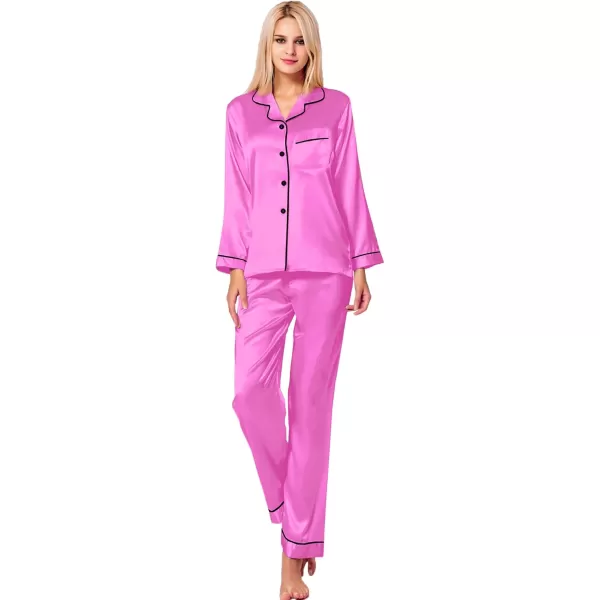 SWOMOG Womens Silk Satin Pajamas Set Long Sleeve Button Down Sleepwear 2 Piece Lounge Set Pj Set XS3XLBarbiecore