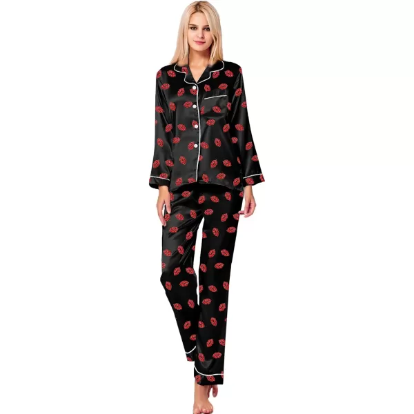 SWOMOG Womens Silk Satin Pajamas Set Long Sleeve Button Down Sleepwear 2 Piece Lounge Set Pj Set XS3XLBlack Kiss