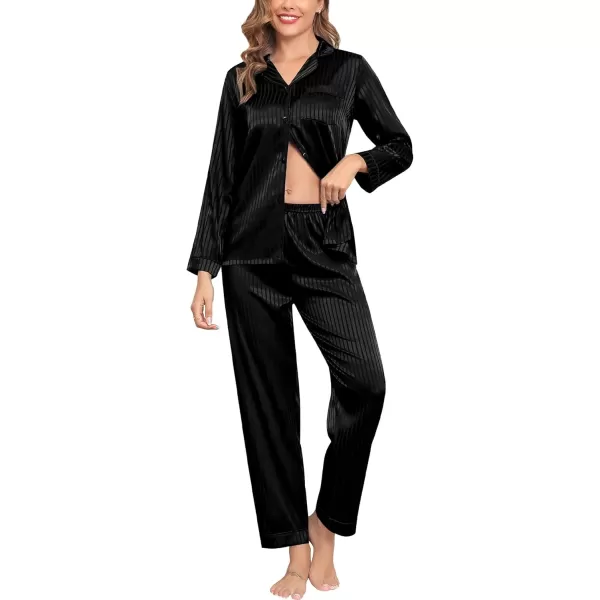 SWOMOG Womens Silk Satin Pajamas Set Long Sleeve Button Down Sleepwear 2 Piece Lounge Set Pj Set XS3XLBlack Pinstripes