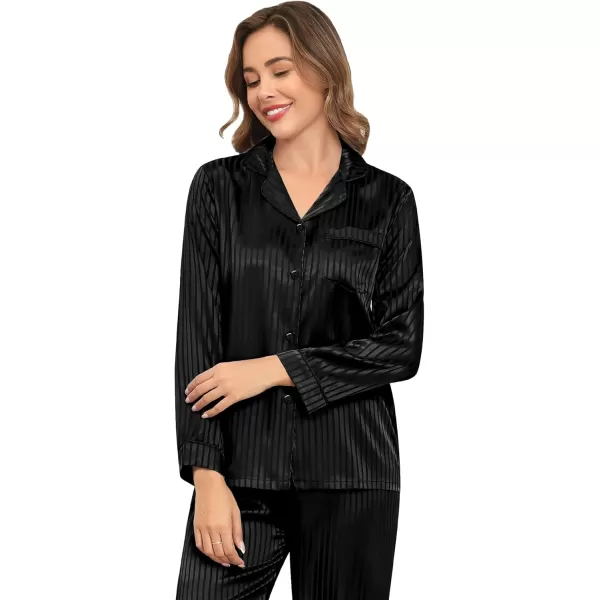 SWOMOG Womens Silk Satin Pajamas Set Long Sleeve Button Down Sleepwear 2 Piece Lounge Set Pj Set XS3XLBlack Pinstripes