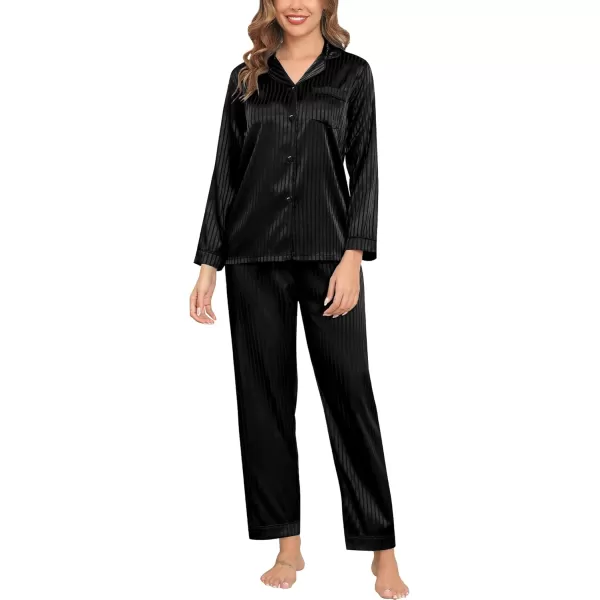 SWOMOG Womens Silk Satin Pajamas Set Long Sleeve Button Down Sleepwear 2 Piece Lounge Set Pj Set XS3XLBlack Pinstripes