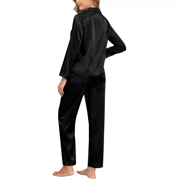 SWOMOG Womens Silk Satin Pajamas Set Long Sleeve Button Down Sleepwear 2 Piece Lounge Set Pj Set XS3XLBlack Pinstripes