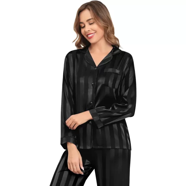 SWOMOG Womens Silk Satin Pajamas Set Long Sleeve Button Down Sleepwear 2 Piece Lounge Set Pj Set XS3XLBlack Wide Stripes