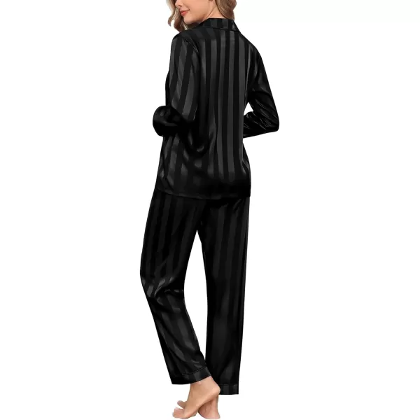 SWOMOG Womens Silk Satin Pajamas Set Long Sleeve Button Down Sleepwear 2 Piece Lounge Set Pj Set XS3XLBlack Wide Stripes