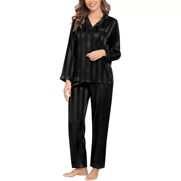 SWOMOG Womens Silk Satin Pajamas Set Long Sleeve Button Down Sleepwear 2 Piece Lounge Set Pj Set XS3XLBlack Wide Stripes