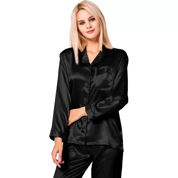 SWOMOG Womens Silk Satin Pajamas Set Long Sleeve Button Down Sleepwear 2 Piece Lounge Set Pj Set XS3XLBlacka