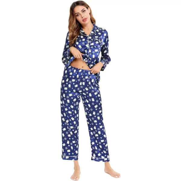 SWOMOG Womens Silk Satin Pajamas Set Long Sleeve Button Down Sleepwear 2 Piece Lounge Set Pj Set XS3XLBlue Penguin