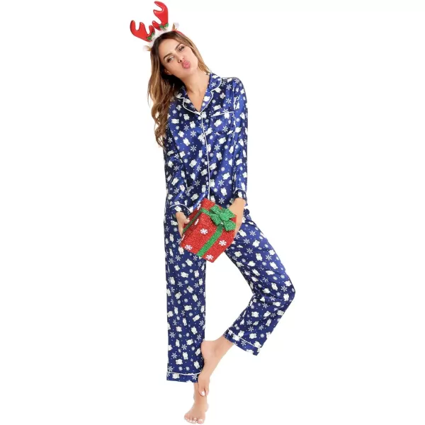 SWOMOG Womens Silk Satin Pajamas Set Long Sleeve Button Down Sleepwear 2 Piece Lounge Set Pj Set XS3XLBlue Penguin