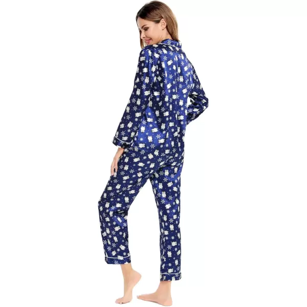 SWOMOG Womens Silk Satin Pajamas Set Long Sleeve Button Down Sleepwear 2 Piece Lounge Set Pj Set XS3XLBlue Penguin