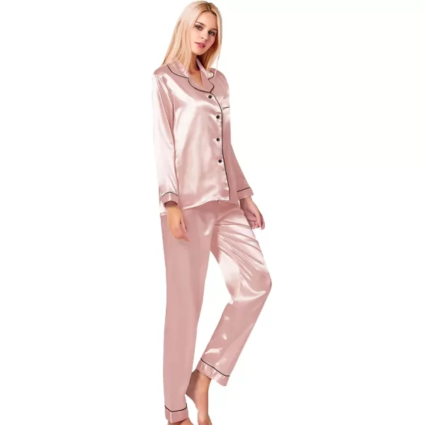 SWOMOG Womens Silk Satin Pajamas Set Long Sleeve Button Down Sleepwear 2 Piece Lounge Set Pj Set XS3XLBlush Pink