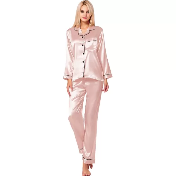 SWOMOG Womens Silk Satin Pajamas Set Long Sleeve Button Down Sleepwear 2 Piece Lounge Set Pj Set XS3XLBlush Pink