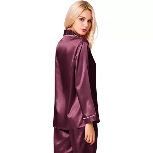 SWOMOG Womens Silk Satin Pajamas Set Long Sleeve Button Down Sleepwear 2 Piece Lounge Set Pj Set XS3XLBordeaux Red