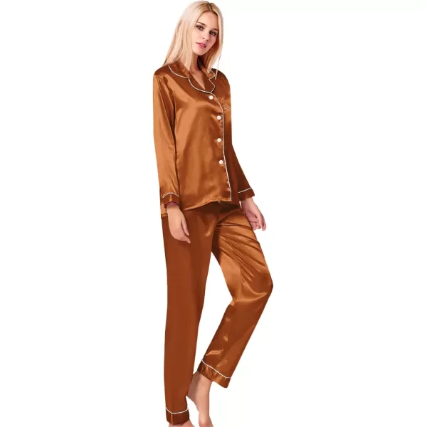 SWOMOG Womens Silk Satin Pajamas Set Long Sleeve Button Down Sleepwear 2 Piece Lounge Set Pj Set XS3XLBurnt Orange