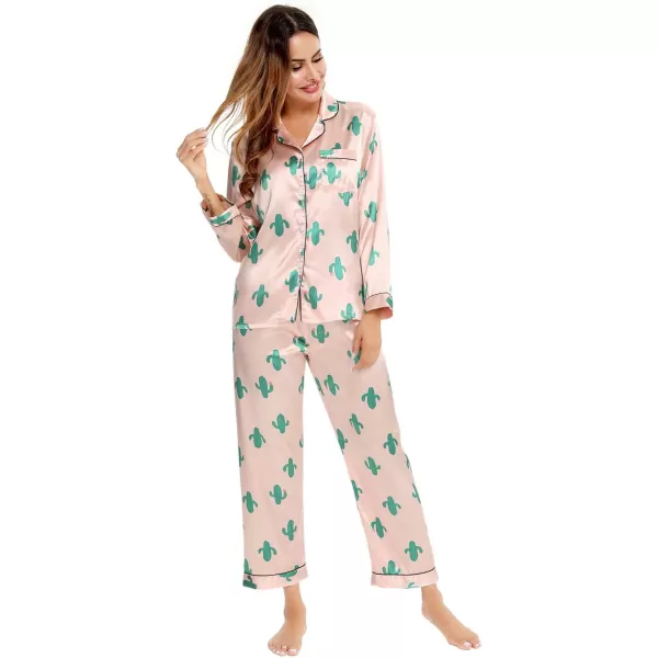 SWOMOG Womens Silk Satin Pajamas Set Long Sleeve Button Down Sleepwear 2 Piece Lounge Set Pj Set XS3XLCactus Pink