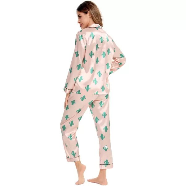 SWOMOG Womens Silk Satin Pajamas Set Long Sleeve Button Down Sleepwear 2 Piece Lounge Set Pj Set XS3XLCactus Pink