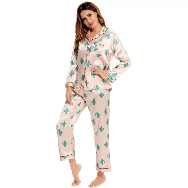 SWOMOG Womens Silk Satin Pajamas Set Long Sleeve Button Down Sleepwear 2 Piece Lounge Set Pj Set XS3XLCactus Pink