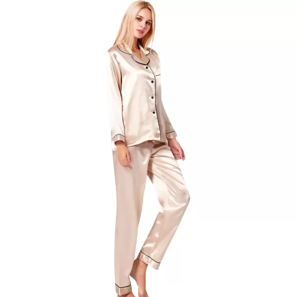 SWOMOG Womens Silk Satin Pajamas Set Long Sleeve Button Down Sleepwear 2 Piece Lounge Set Pj Set XS3XLChampagne