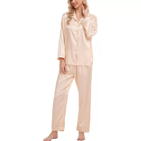 SWOMOG Womens Silk Satin Pajamas Set Long Sleeve Button Down Sleepwear 2 Piece Lounge Set Pj Set XS3XLChampagne Pinstripes