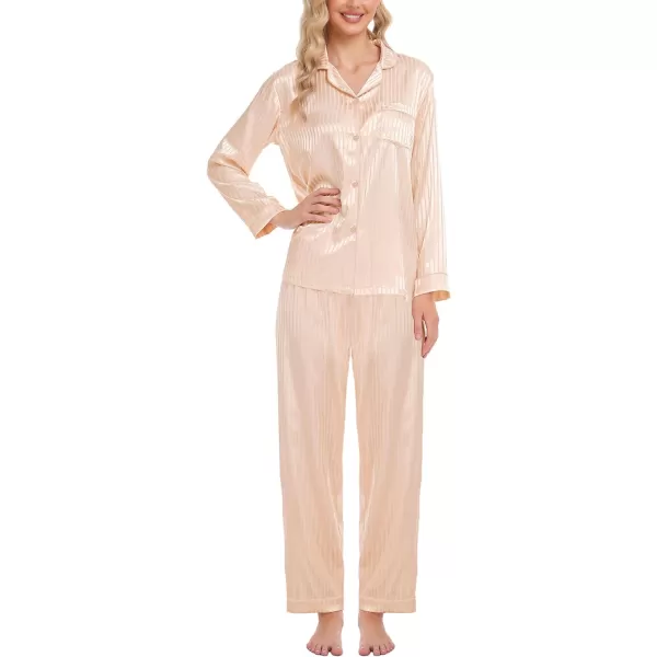 SWOMOG Womens Silk Satin Pajamas Set Long Sleeve Button Down Sleepwear 2 Piece Lounge Set Pj Set XS3XLChampagne Pinstripes