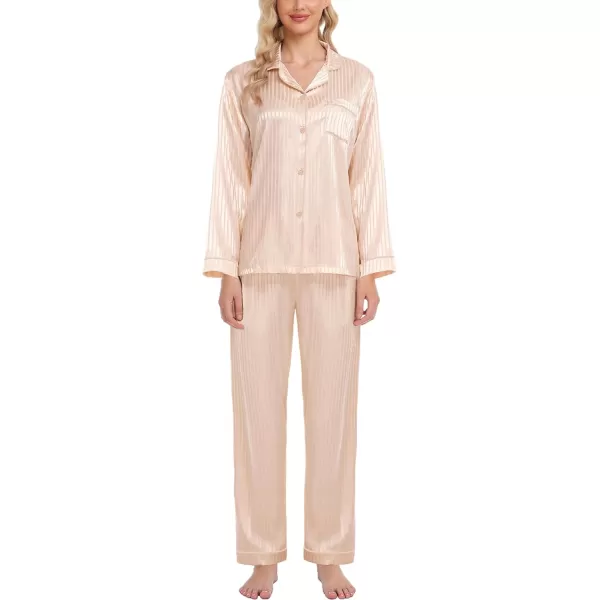 SWOMOG Womens Silk Satin Pajamas Set Long Sleeve Button Down Sleepwear 2 Piece Lounge Set Pj Set XS3XLChampagne Pinstripes