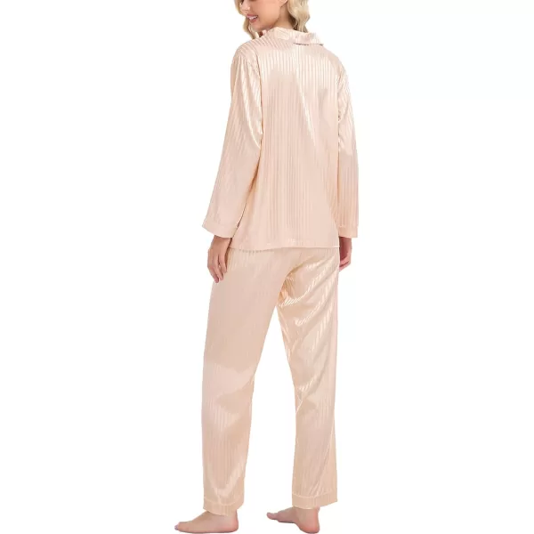 SWOMOG Womens Silk Satin Pajamas Set Long Sleeve Button Down Sleepwear 2 Piece Lounge Set Pj Set XS3XLChampagne Pinstripes