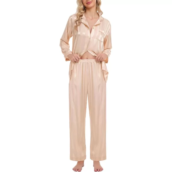 SWOMOG Womens Silk Satin Pajamas Set Long Sleeve Button Down Sleepwear 2 Piece Lounge Set Pj Set XS3XLChampagne Wide Stripes