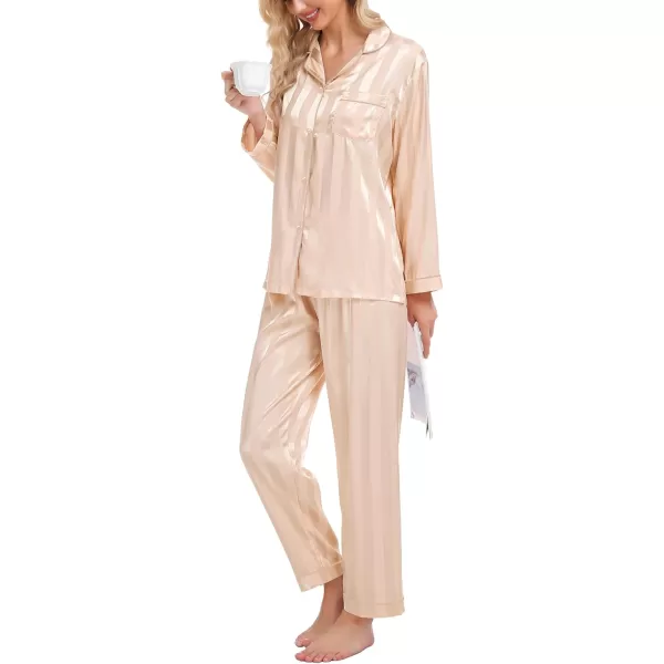 SWOMOG Womens Silk Satin Pajamas Set Long Sleeve Button Down Sleepwear 2 Piece Lounge Set Pj Set XS3XLChampagne Wide Stripes