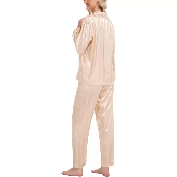 SWOMOG Womens Silk Satin Pajamas Set Long Sleeve Button Down Sleepwear 2 Piece Lounge Set Pj Set XS3XLChampagne Wide Stripes