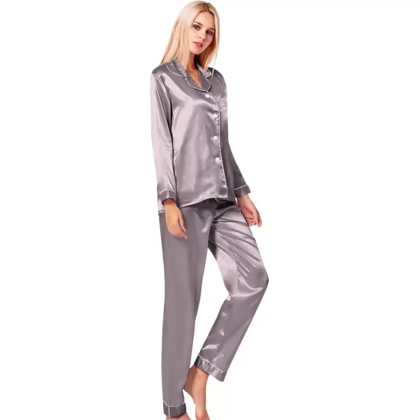 SWOMOG Womens Silk Satin Pajamas Set Long Sleeve Button Down Sleepwear 2 Piece Lounge Set Pj Set XS3XLChestnut