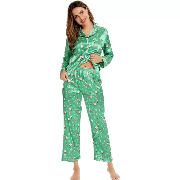 SWOMOG Womens Silk Satin Pajamas Set Long Sleeve Button Down Sleepwear 2 Piece Lounge Set Pj Set XS3XLChristmas Gift Green