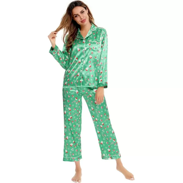 SWOMOG Womens Silk Satin Pajamas Set Long Sleeve Button Down Sleepwear 2 Piece Lounge Set Pj Set XS3XLChristmas Gift Green