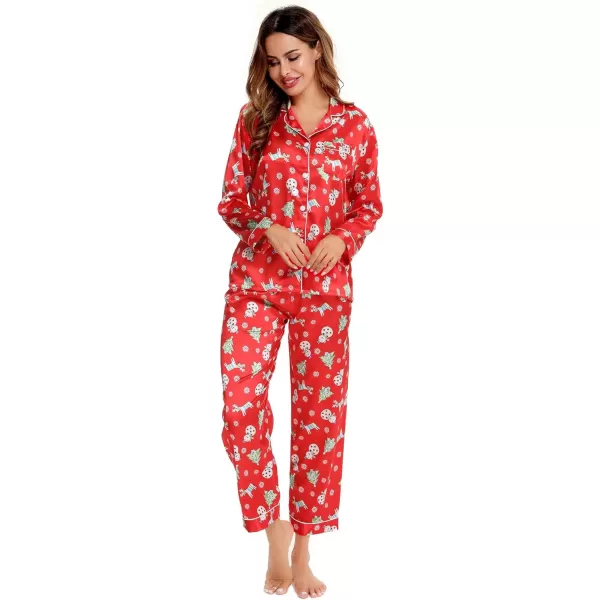 SWOMOG Womens Silk Satin Pajamas Set Long Sleeve Button Down Sleepwear 2 Piece Lounge Set Pj Set XS3XLChristmas Gift Red