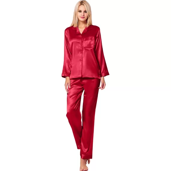 SWOMOG Womens Silk Satin Pajamas Set Long Sleeve Button Down Sleepwear 2 Piece Lounge Set Pj Set XS3XLChristmas Red