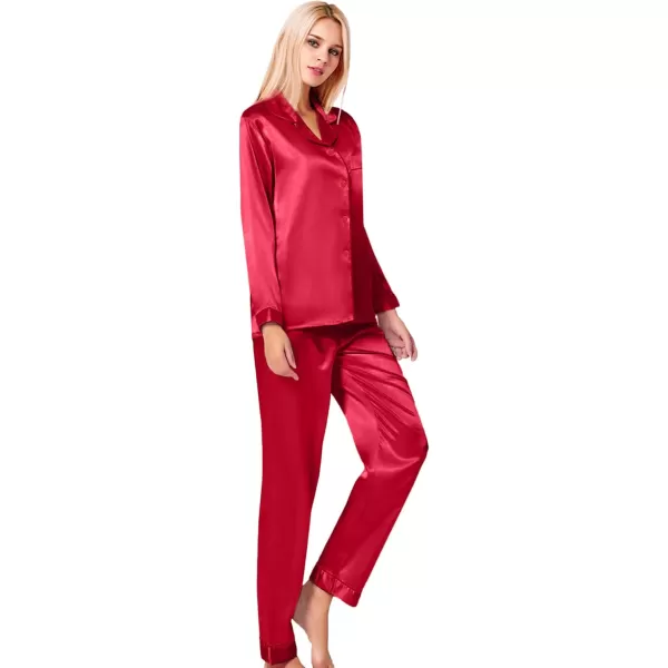 SWOMOG Womens Silk Satin Pajamas Set Long Sleeve Button Down Sleepwear 2 Piece Lounge Set Pj Set XS3XLChristmas Red