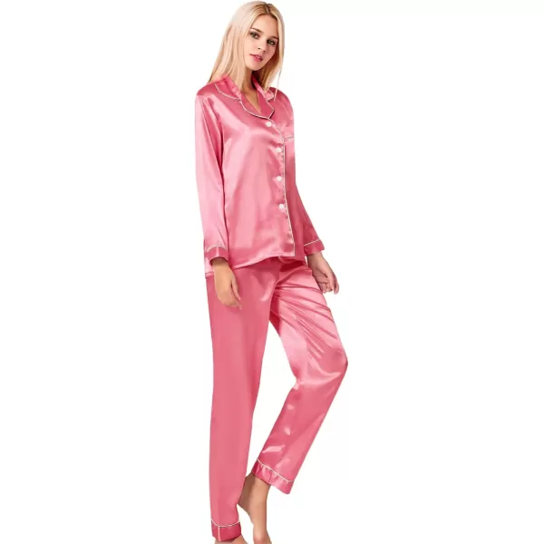 SWOMOG Womens Silk Satin Pajamas Set Long Sleeve Button Down Sleepwear 2 Piece Lounge Set Pj Set XS3XLCoral Red