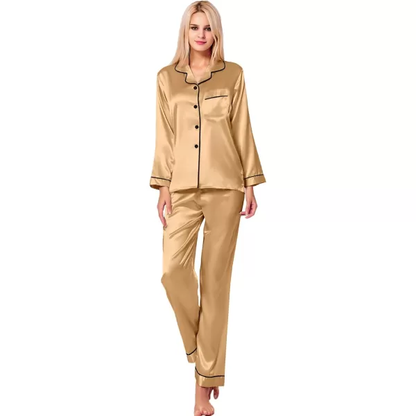 SWOMOG Womens Silk Satin Pajamas Set Long Sleeve Button Down Sleepwear 2 Piece Lounge Set Pj Set XS3XLDark Champagne