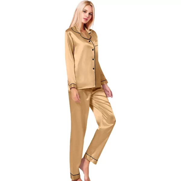 SWOMOG Womens Silk Satin Pajamas Set Long Sleeve Button Down Sleepwear 2 Piece Lounge Set Pj Set XS3XLDark Champagne