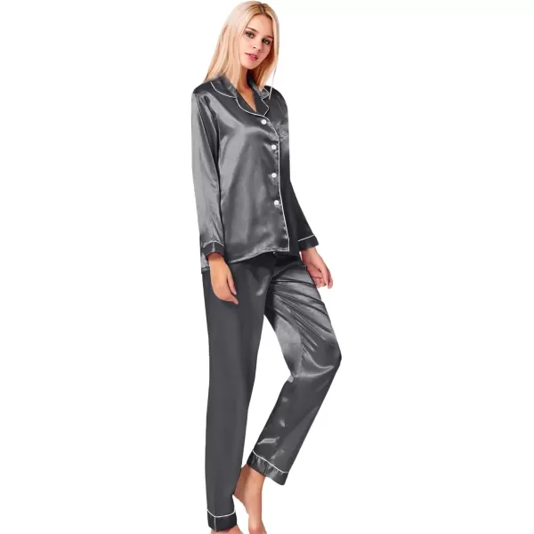 SWOMOG Womens Silk Satin Pajamas Set Long Sleeve Button Down Sleepwear 2 Piece Lounge Set Pj Set XS3XLDark Silver