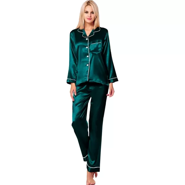 SWOMOG Womens Silk Satin Pajamas Set Long Sleeve Button Down Sleepwear 2 Piece Lounge Set Pj Set XS3XLDeep Green