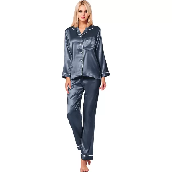 SWOMOG Womens Silk Satin Pajamas Set Long Sleeve Button Down Sleepwear 2 Piece Lounge Set Pj Set XS3XLDeep Grey