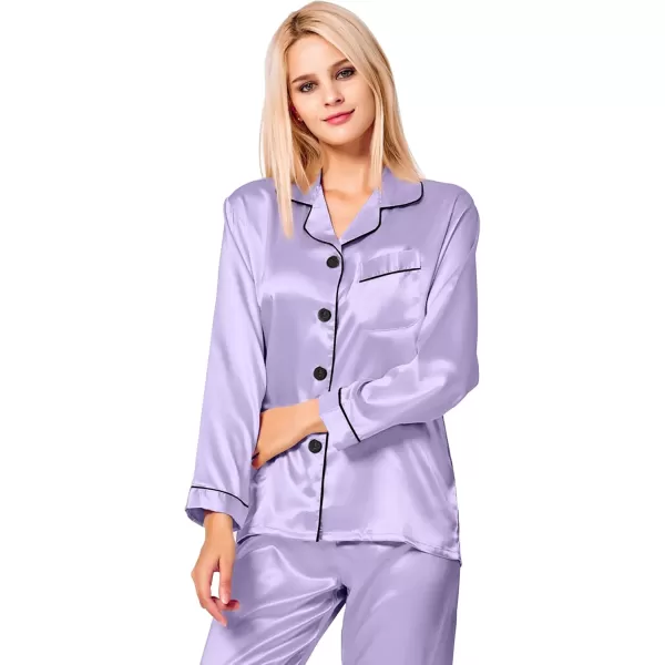 SWOMOG Womens Silk Satin Pajamas Set Long Sleeve Button Down Sleepwear 2 Piece Lounge Set Pj Set XS3XLDeep Lavender