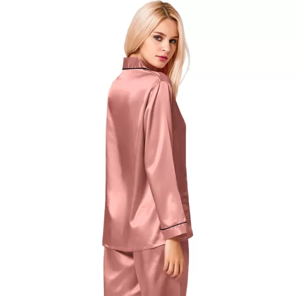 SWOMOG Womens Silk Satin Pajamas Set Long Sleeve Button Down Sleepwear 2 Piece Lounge Set Pj Set XS3XLDeep Misty Rose