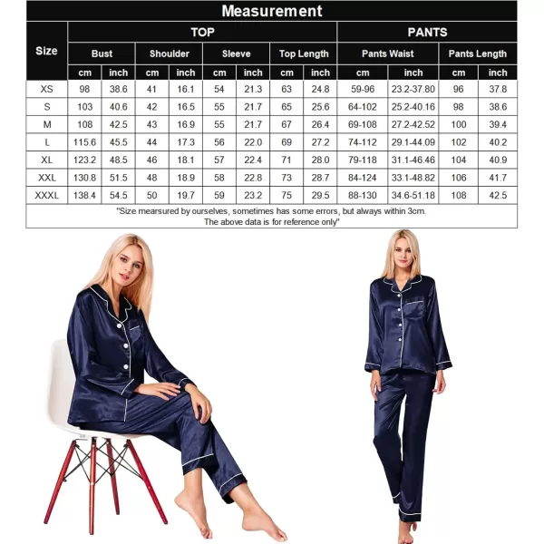 SWOMOG Womens Silk Satin Pajamas Set Long Sleeve Button Down Sleepwear 2 Piece Lounge Set Pj Set XS3XLDeep Navy Blue