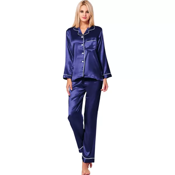 SWOMOG Womens Silk Satin Pajamas Set Long Sleeve Button Down Sleepwear 2 Piece Lounge Set Pj Set XS3XLDeep Sea Blue