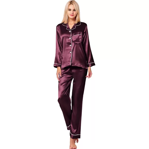 SWOMOG Womens Silk Satin Pajamas Set Long Sleeve Button Down Sleepwear 2 Piece Lounge Set Pj Set XS3XLDeep Wine Red