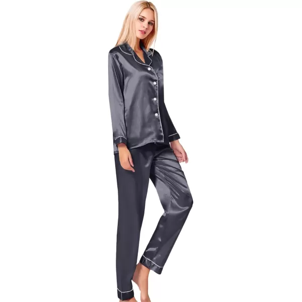 SWOMOG Womens Silk Satin Pajamas Set Long Sleeve Button Down Sleepwear 2 Piece Lounge Set Pj Set XS3XLDim Gray