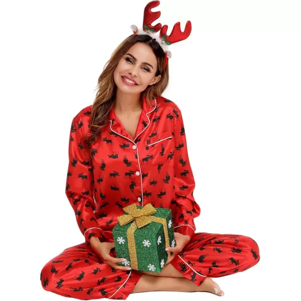 SWOMOG Womens Silk Satin Pajamas Set Long Sleeve Button Down Sleepwear 2 Piece Lounge Set Pj Set XS3XLElk Red