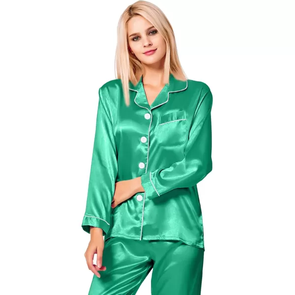 SWOMOG Womens Silk Satin Pajamas Set Long Sleeve Button Down Sleepwear 2 Piece Lounge Set Pj Set XS3XLEmerald Green