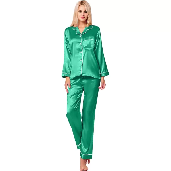 SWOMOG Womens Silk Satin Pajamas Set Long Sleeve Button Down Sleepwear 2 Piece Lounge Set Pj Set XS3XLEmerald Green