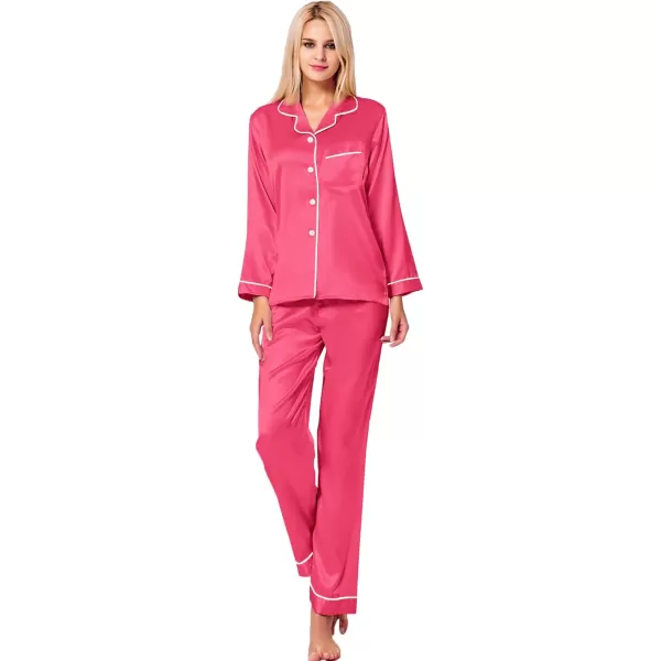 SWOMOG Womens Silk Satin Pajamas Set Long Sleeve Button Down Sleepwear 2 Piece Lounge Set Pj Set XS3XLFandango Pink